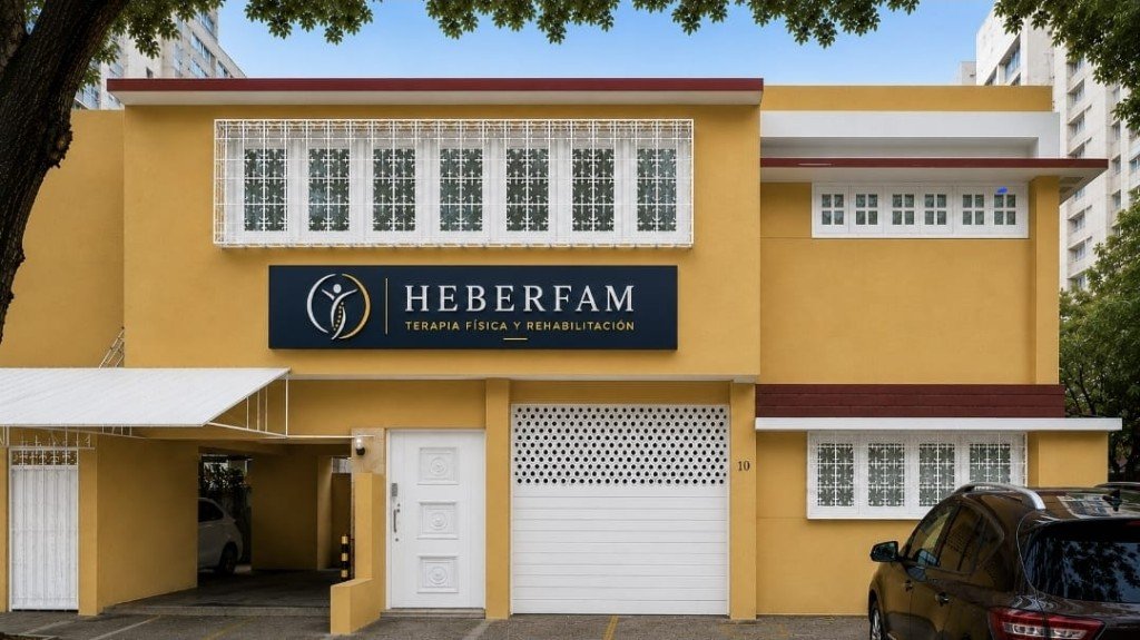 Fachada de Heberfam en la Zona Universitaria, con el letrero de terapia física y rehabilitación.